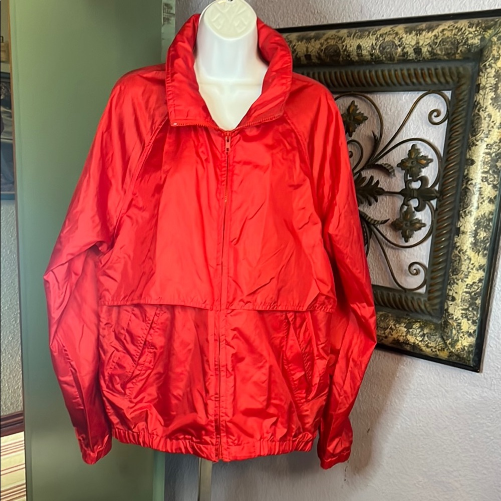 Eddie Bauer Red Windbreaker Jacket with High Collar and Sporty Design Sz L